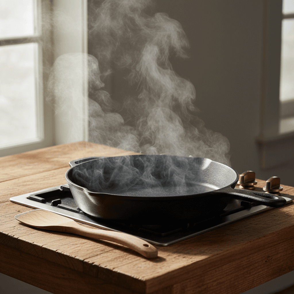 Cast iron skillet on stovetop with steam rising
