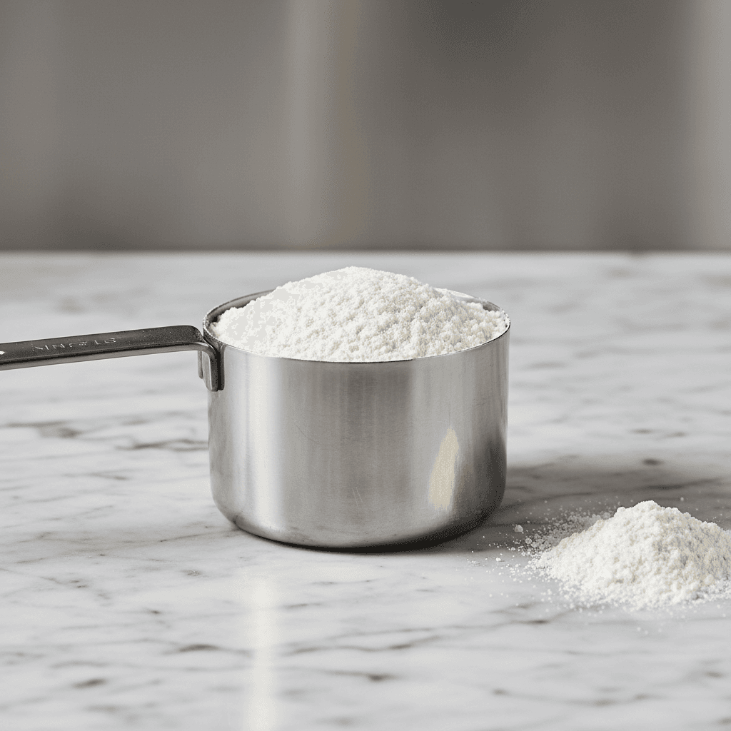 Stainless steel measuring cup of flour on marble counter