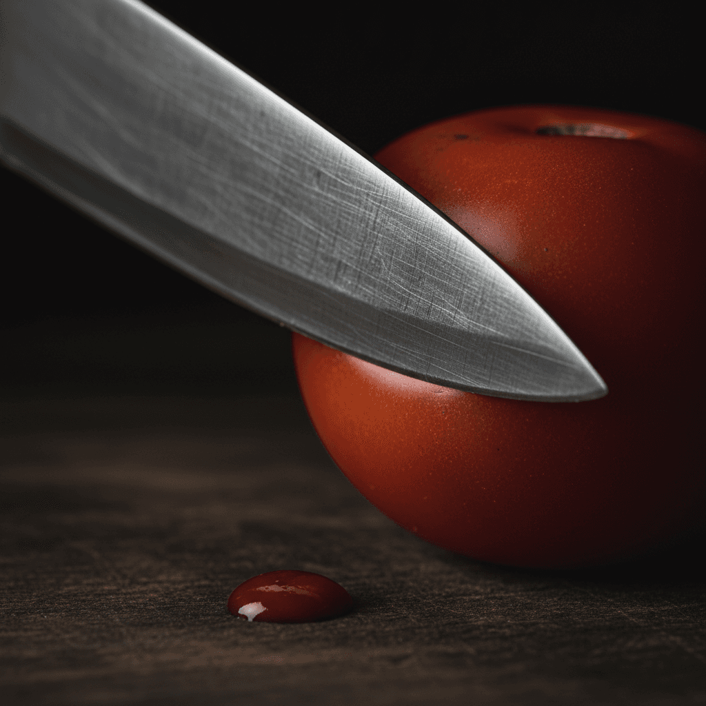 Knife blade against a tomato on cutting board
