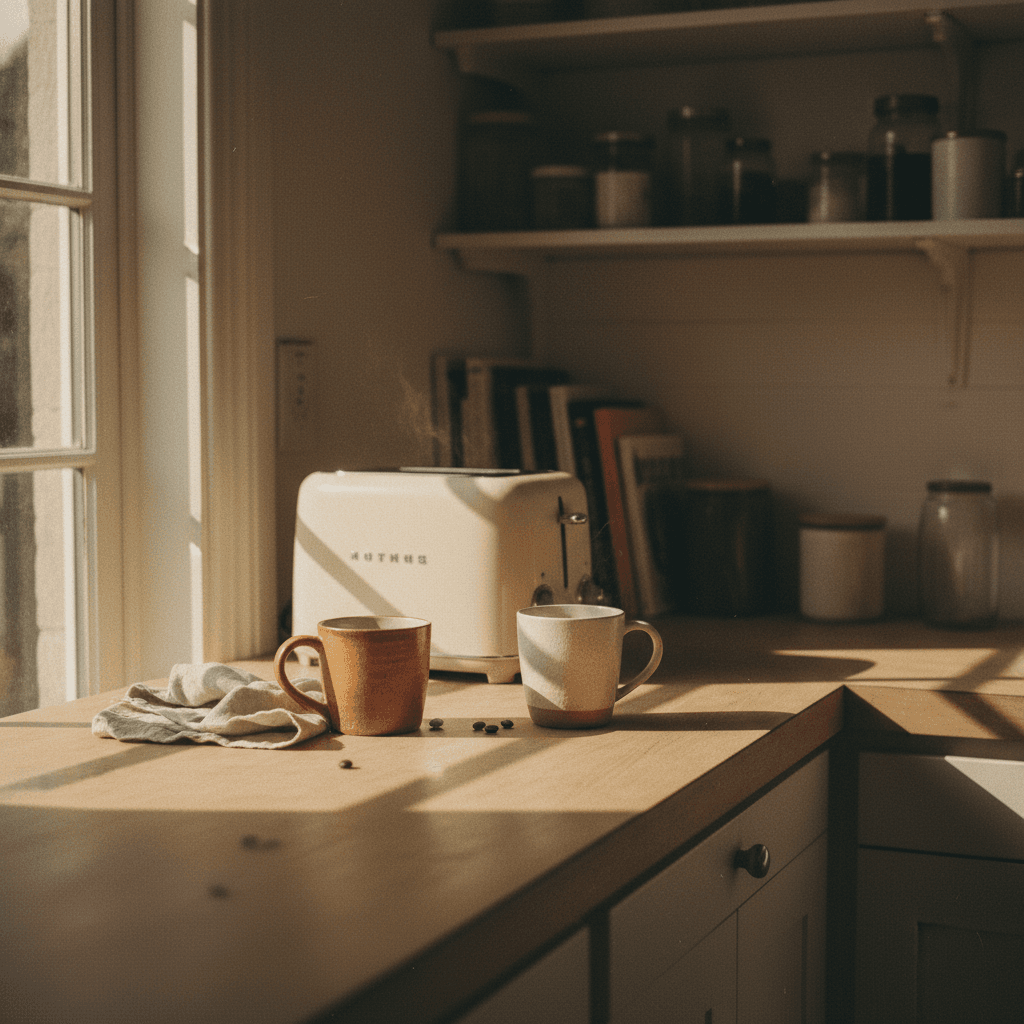 Toaster and coffee mugs on kitchen counter in morning light