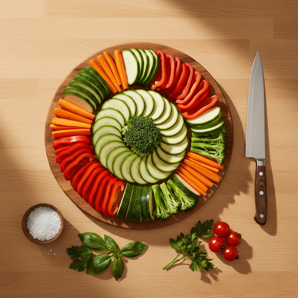 Overhead of cutting board with sliced vegetables and chef knife