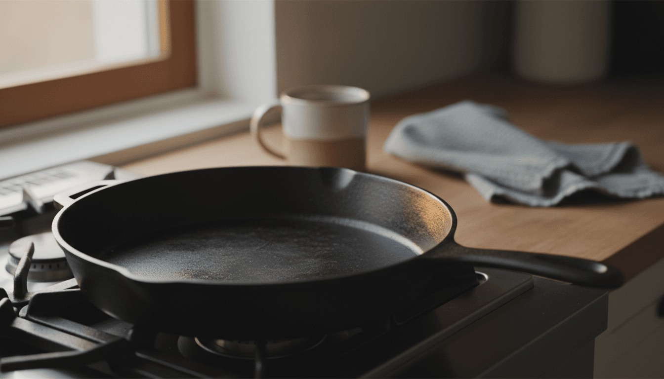 Cast iron skillet on a wooden stovetop in a Brooklyn kitchen with morning light