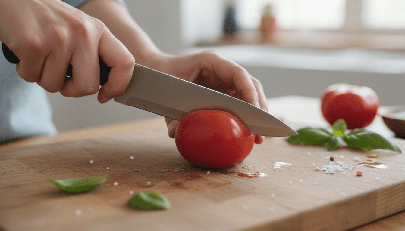 Hands slicing a tomato with a sharp knife on a wooden board