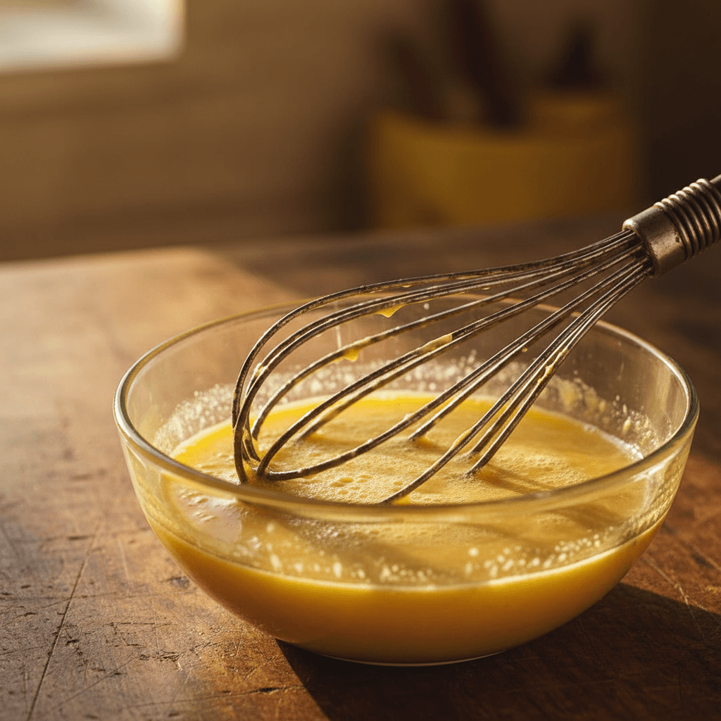 Whisk mixing eggs in a glass bowl on wooden surface