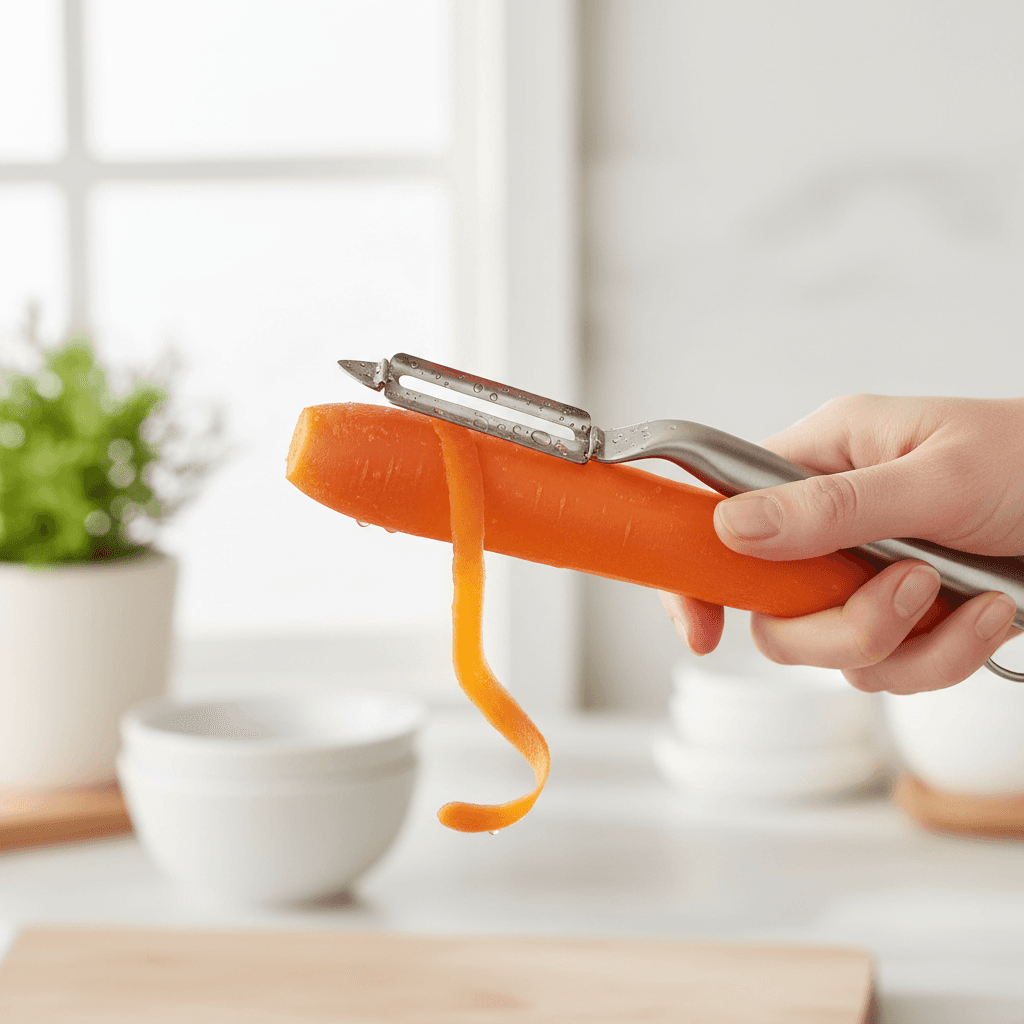 Stainless steel peeler slicing carrot peel