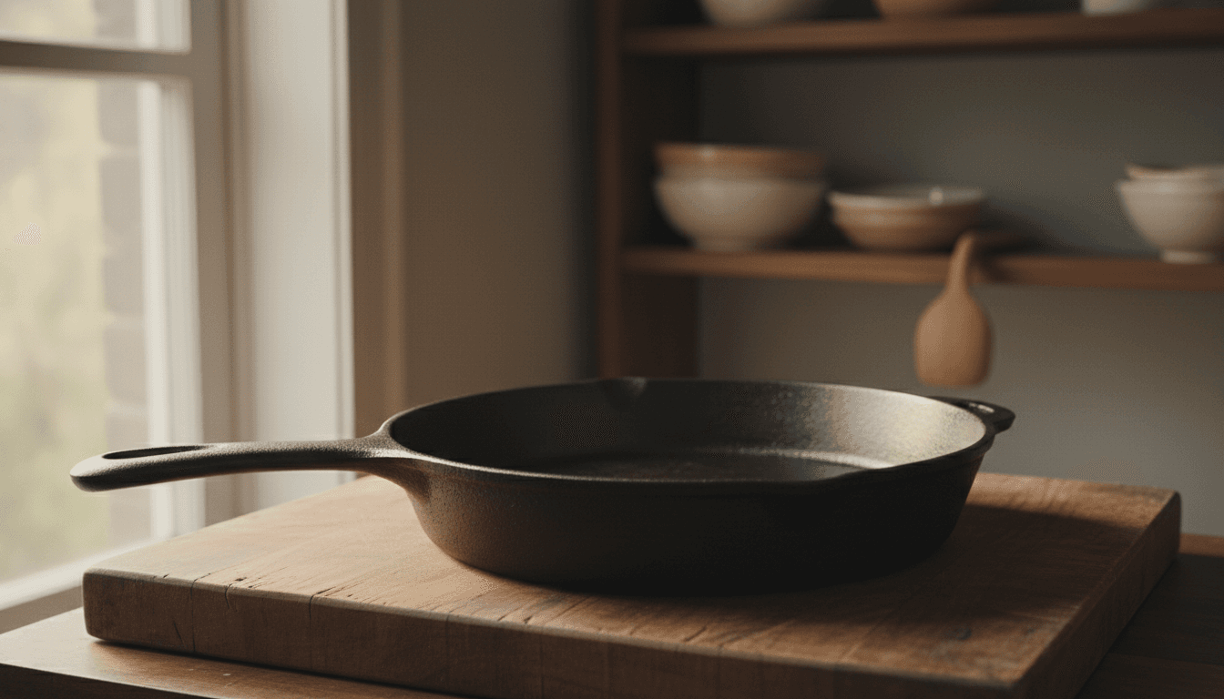 A warm, artisanal product photography style close-up shot of a cast-iron skillet