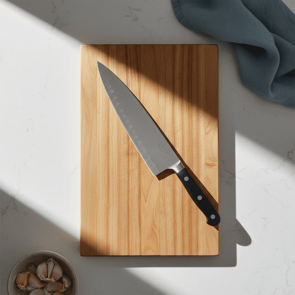 Chef's knife on a wooden cutting board
