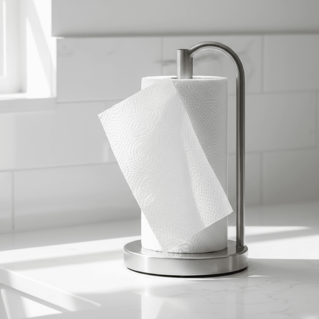 Hand pulling a sheet from a paper towel holder on counter