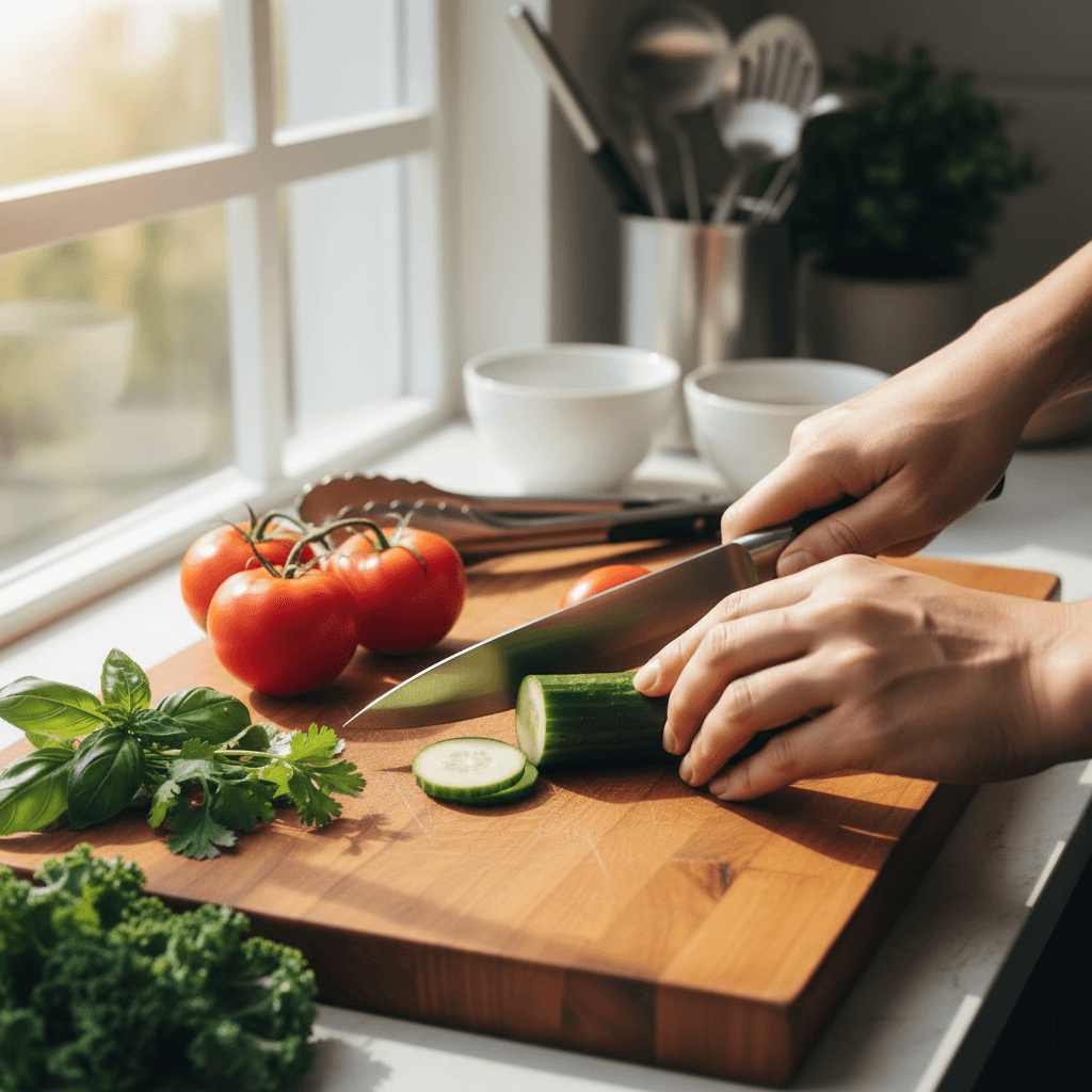 Chef's hands using sharp knife to slice fresh vegetables on wooden cutting board with natural window light