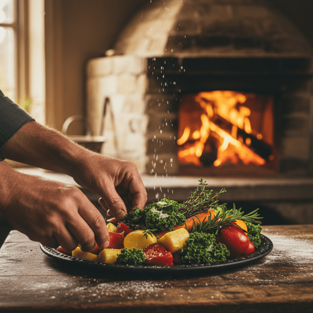 Warm, natural light arrangement of everyday kitchen tools on a wooden countertop
