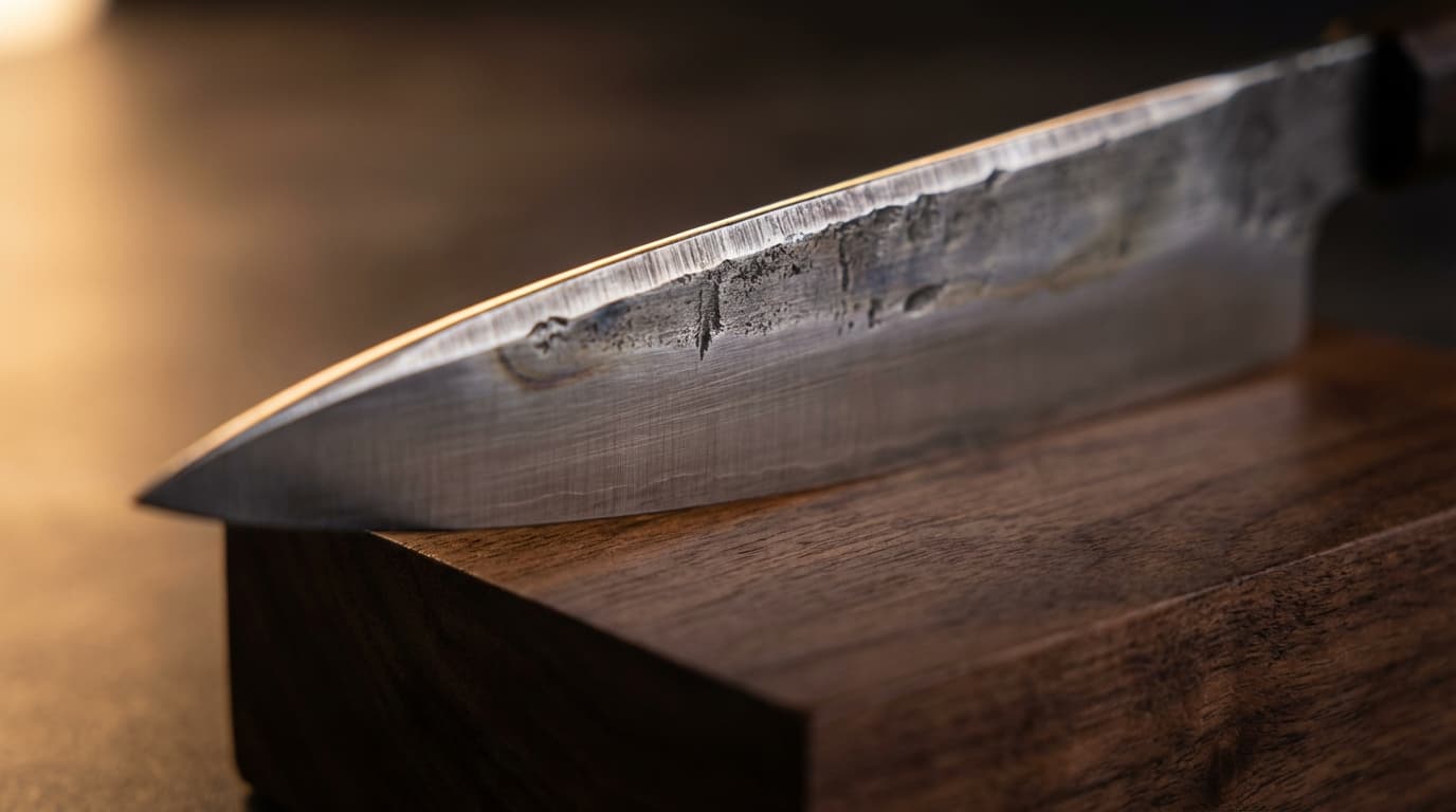 Chef's knife being sharpened on a honing steel