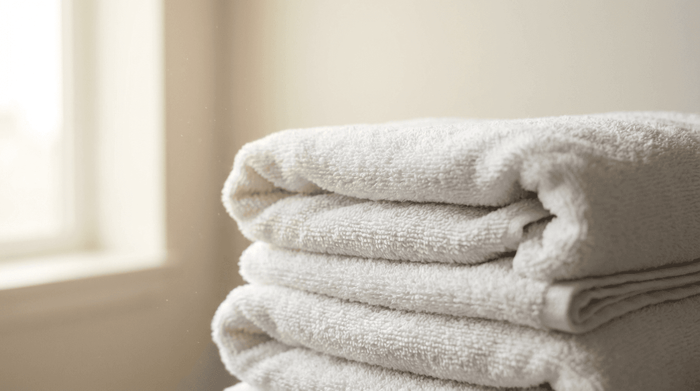 Kitchen towels neatly stacked on a wooden cutting board