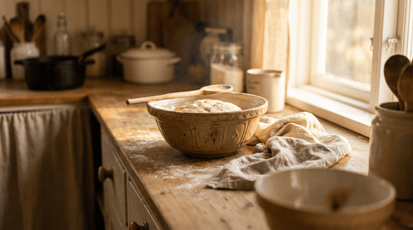 Stainless steel mixing bowl with flour on a marble counter