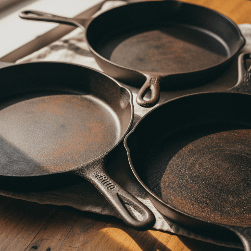 Close-up of a cast iron skillet on a wooden counter with salt and peppercorns