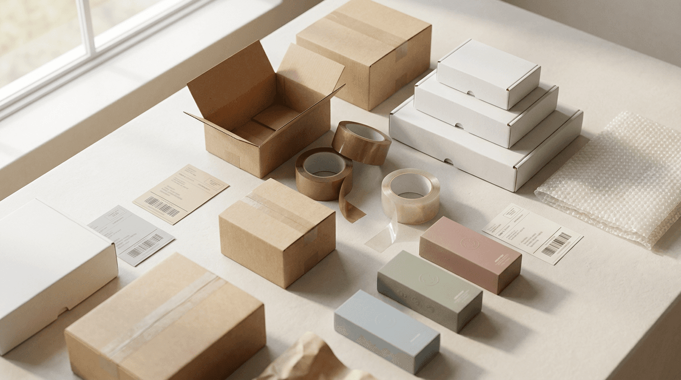 packed cardboard shipping box with straw and kitchen tools visible inside