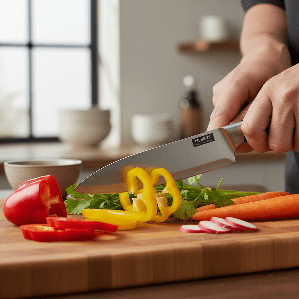 chef's knife slicing through a tomato on a wooden cutting board